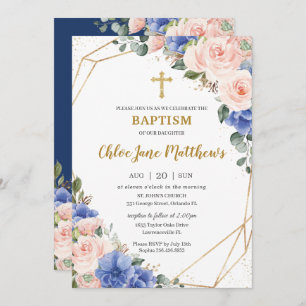 Invitation Royal Blue Blush Floral Gold Baptême Christening