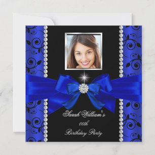Invitation Royal Blue Bow Damask Anniversaire de fête Silver 