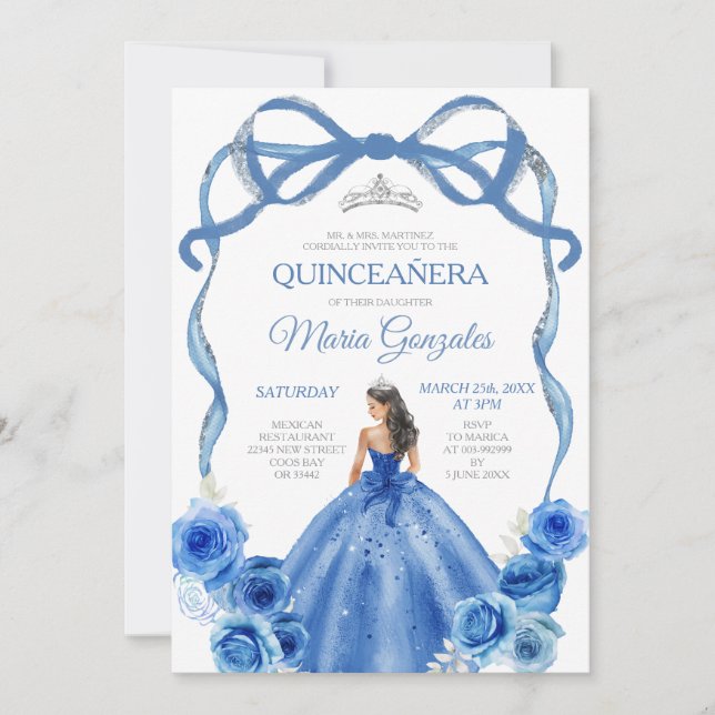 Invitation Royal Blue Bow Princess Couronne argent Quinceañer (Devant)