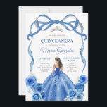 Invitation Royal Blue Bow Princess Couronne argent Quinceañer<br><div class="desc">EDITABLE Royal Blue Bow Princess Gold Crown Quinceañera Invitation Elégante Royal Blue Floral Princess Robes Quinceañera Fille Anniversaire Invitation Argent Crown Mis Quince Anos,  15e Anniversaire</div>