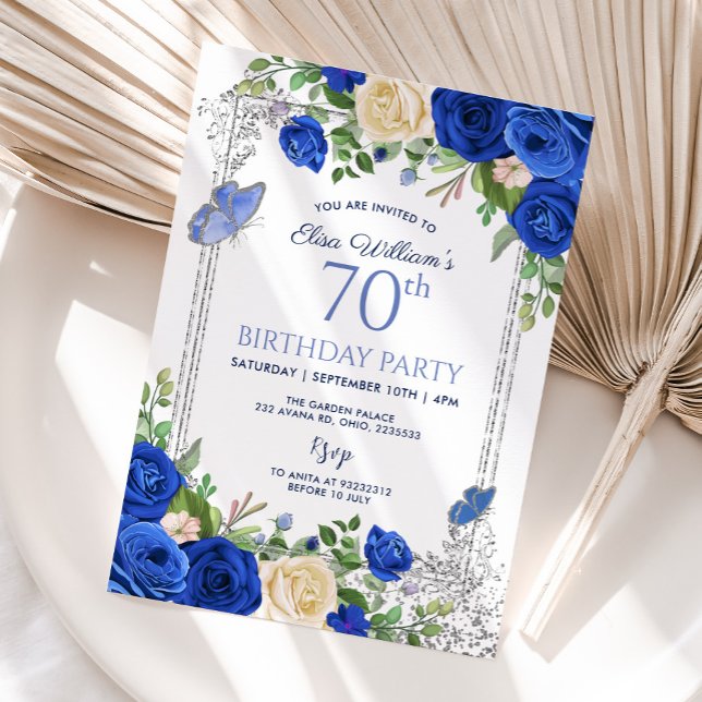 Invitation Royal Blue Butterfly Garden Party 80e anniversaire (Créateur téléchargé)
