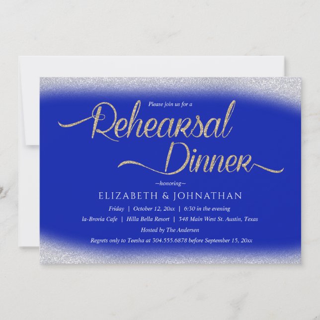 Invitation Royal Blue Calligraphy Dîner de répétition minimal (Devant)