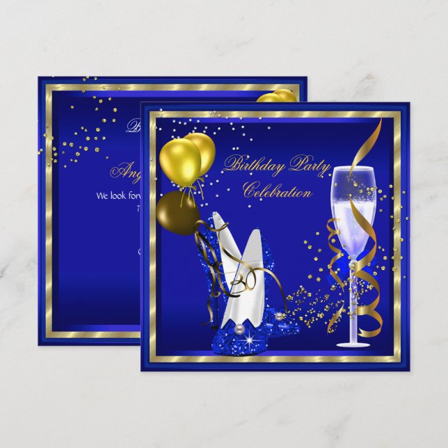 Invitation Royal Blue Champagne Gold Parties scintillant fête (Devant / Derrière)