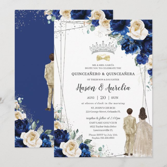 Invitation Royal Blue Champagne Twins Boy Girl Quinceañera (Devant / Derrière)