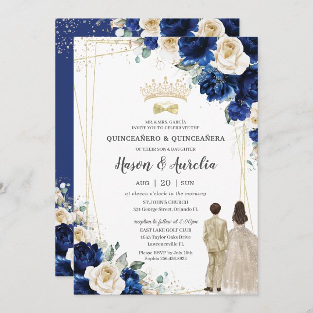 Invitation Royal Blue Champagne Twins Boy Girl Quinceañera (Devant / Derrière)