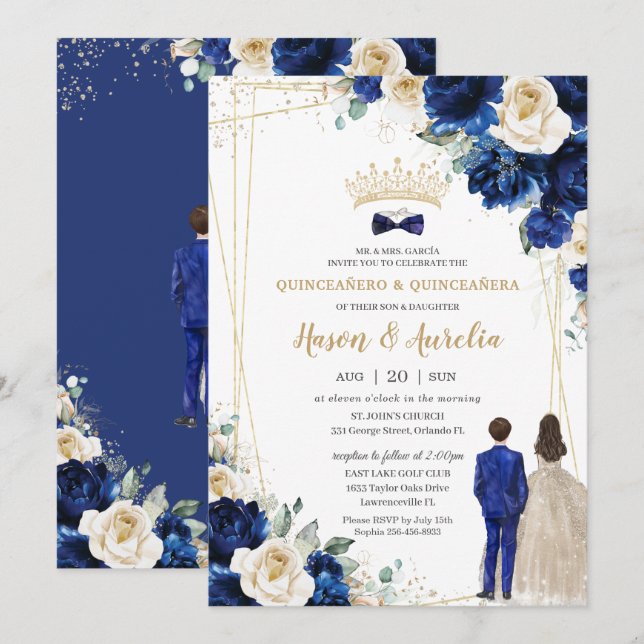 Invitation Royal Blue Champagne Twins Boy Girl Quinceañera (Devant / Derrière)