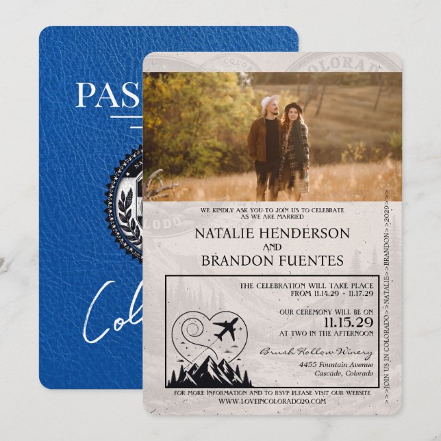 Invitation Royal Blue Colorado Passport Mariage (Devant / Derrière)