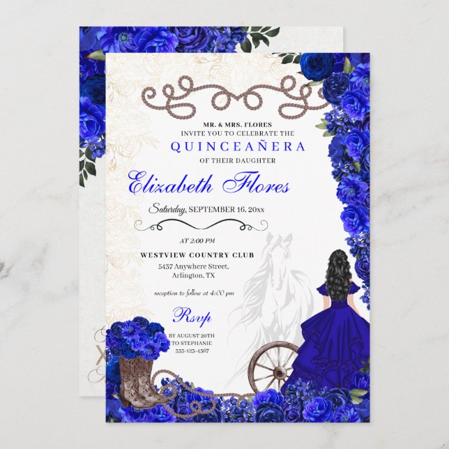 Invitation Royal Blue Cowgirl Ranchero Western Quinceanera (Devant / Derrière)