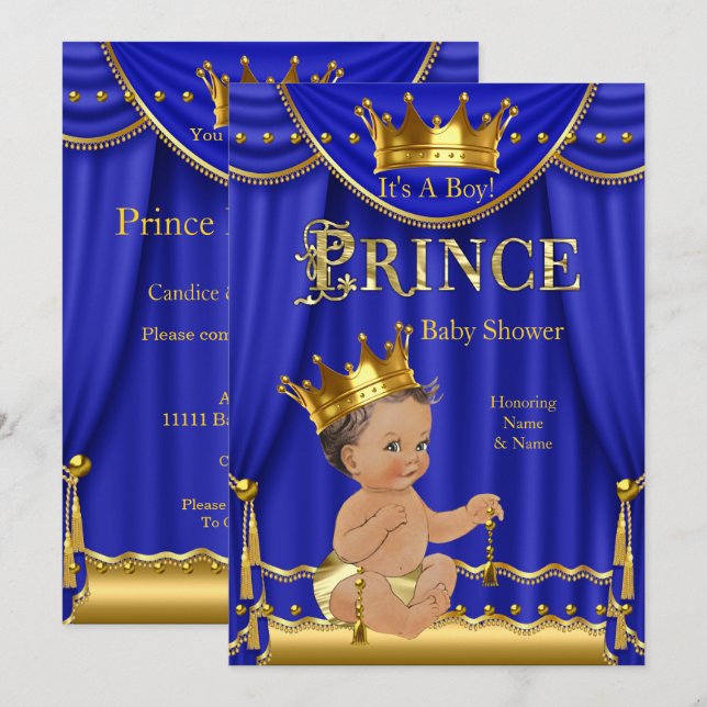 Invitation Royal Blue Crown Prince Baby shower Gold Brunette (Devant / Derrière)
