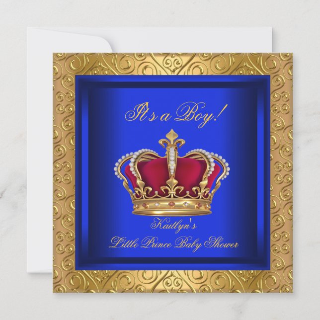 Invitation Royal Blue Damask Gold Baby shower Boy (Devant)