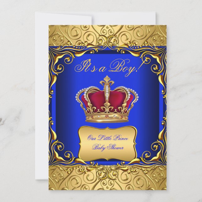 Invitation Royal Blue Damask Gold Crown Baby shower Boy bs (Devant)