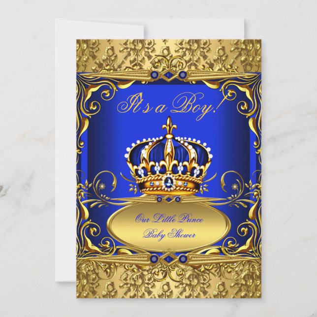 Invitation Royal Blue Damask Gold Crown Baby shower Boy RB3 (Devant)