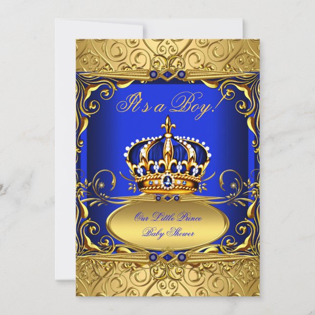 Invitation Royal Blue Damask or Crown Baby shower Boy RB2 (Devant)