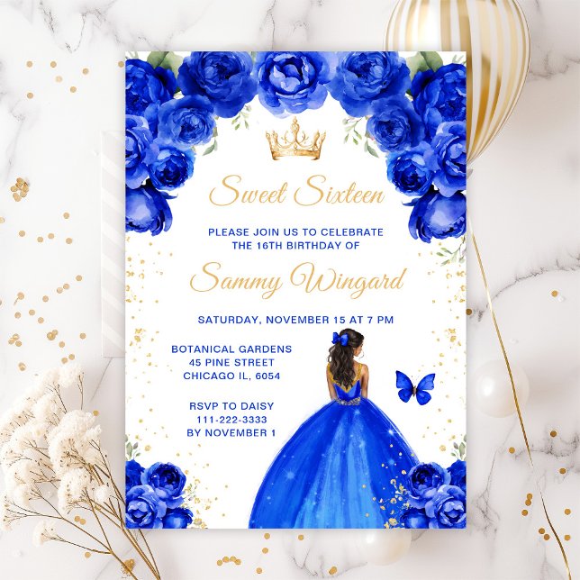 Invitation Royal Blue Dark Skin Princess Sweet sixteen (Créateur téléchargé)