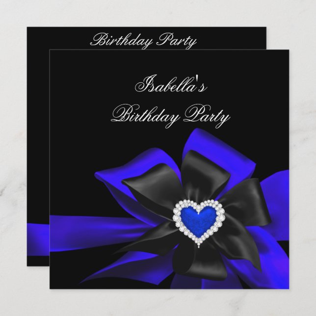 Invitation Royal Blue Diamond Heart Black Bow fête d'annivers (Devant / Derrière)