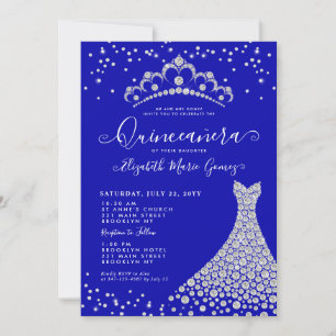 Invitation Royal Blue Diamond Sparkle Tiara Gown Quinceanera