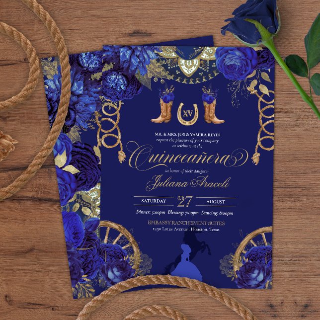Invitation Royal Blue Elegant Roses + Gold Charro Quinceanera (Créateur téléchargé)