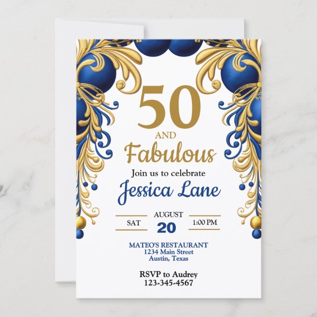 Invitation Royal Blue et Ballons Dorés Anniversaire (Devant)