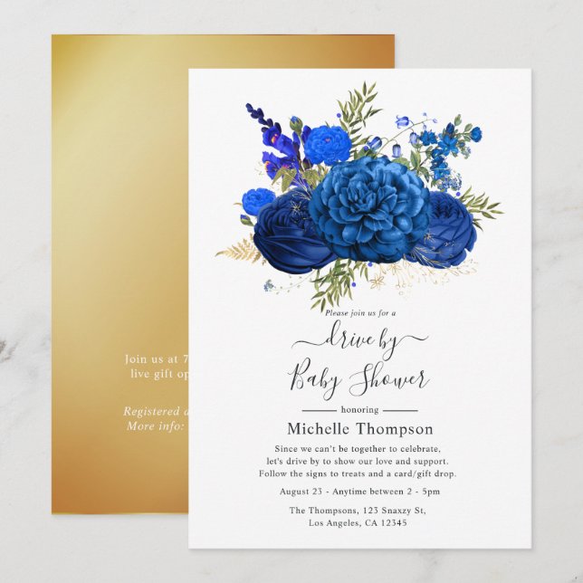 Invitation Royal Blue et Faux Foil Gold Drive Par douche (Devant / Derrière)