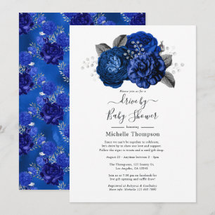 Invitation Royal Blue et Fleurs argentées Drive By Shower