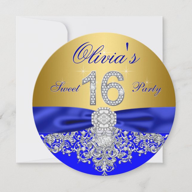 Invitation Royal Blue et Gold Diamond Sweet 16 Party (Devant)