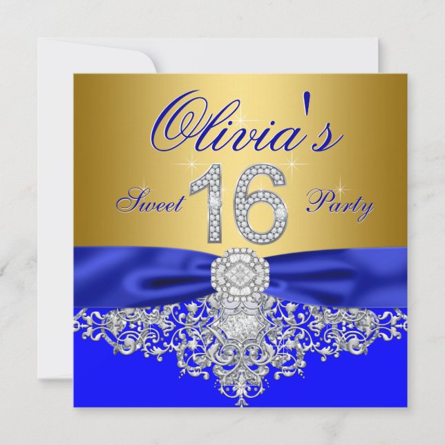Invitation Royal Blue et Gold Diamond Sweet 16 Party (Devant)