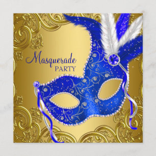 Invitation Royal Blue et Gold Masquerade Party