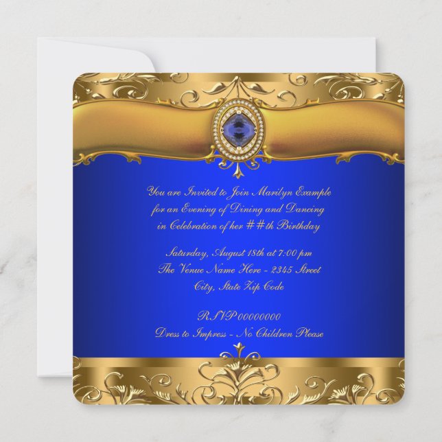 Invitation Royal Blue et Gold Party (Dos)