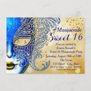 Invitation Royal Blue et Gold Sweet 16 Masquerade Party