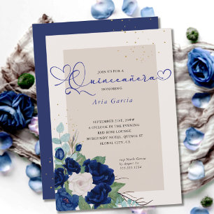 Invitation Royal Blue et ivoire Roses Elegant Quinceanera