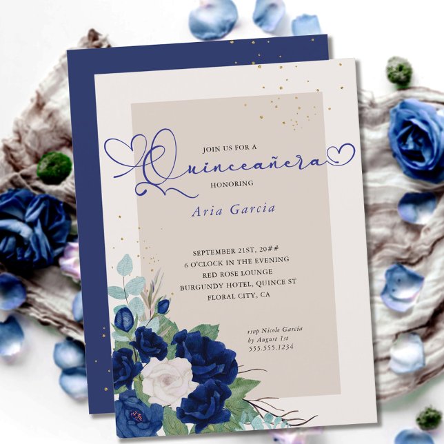 Invitation Royal Blue et ivoire Roses Elegant Quinceanera (Créateur téléchargé)