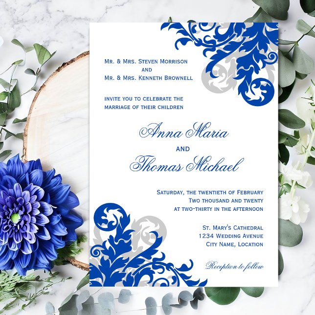 Invitation Royal Blue et Mariage argenté (Elegant Royal blue and silver flourish wedding invitation front view.)