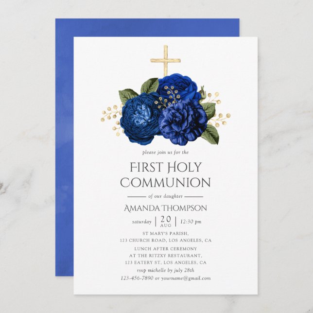 Invitation Royal Blue et or Floral Première communion sainte (Devant / Derrière)