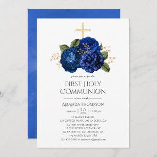 Invitation Royal Blue et or Floral Première communion sainte
