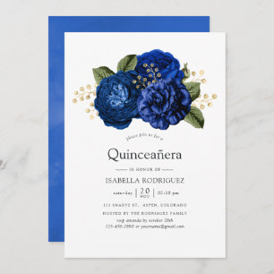 Invitation Royal Blue et or Floral Quinceañera