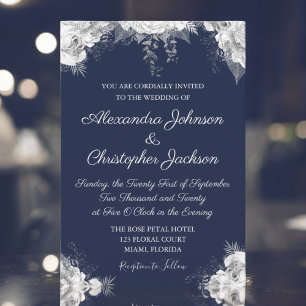 Invitation Royal Blue et Pearl White Floral Mariage