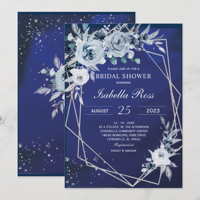 Invitation Royal Blue et Silver Bridal Showback (Devant / Derrière)
