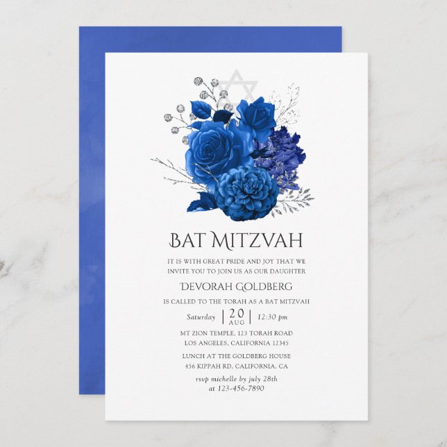 Invitation Royal Blue et Silver Floral Bat mitzvah (Devant / Derrière)