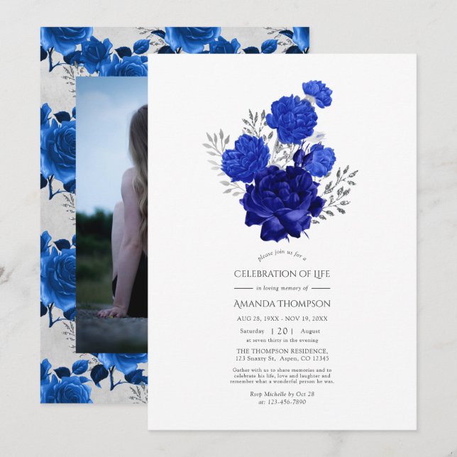 Invitation Royal Blue et Silver Floral Célébration de la vie (Devant / Derrière)