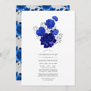 Invitation Royal Blue et Silver Floral Célébration de la vie