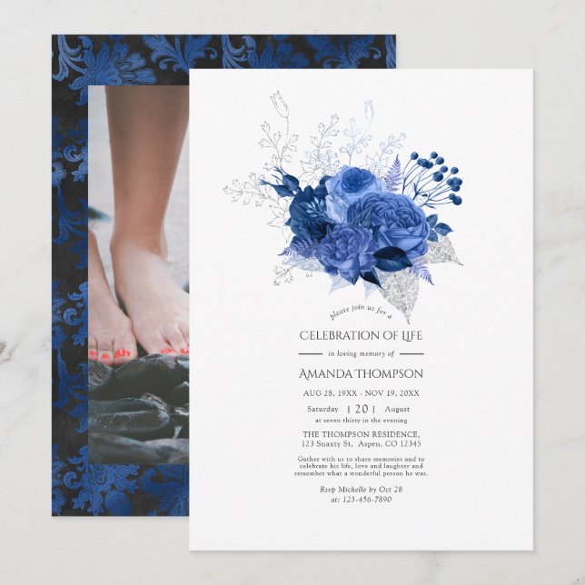 Invitation Royal Blue et Silver Floral Célébration de la vie (Devant / Derrière)