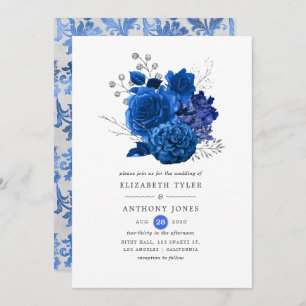 Invitation Royal Blue et Silver Floral Mariage