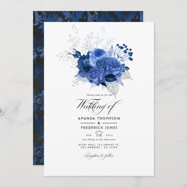 Invitation Royal Blue et Silver Floral Mariage Photo (Devant / Derrière)