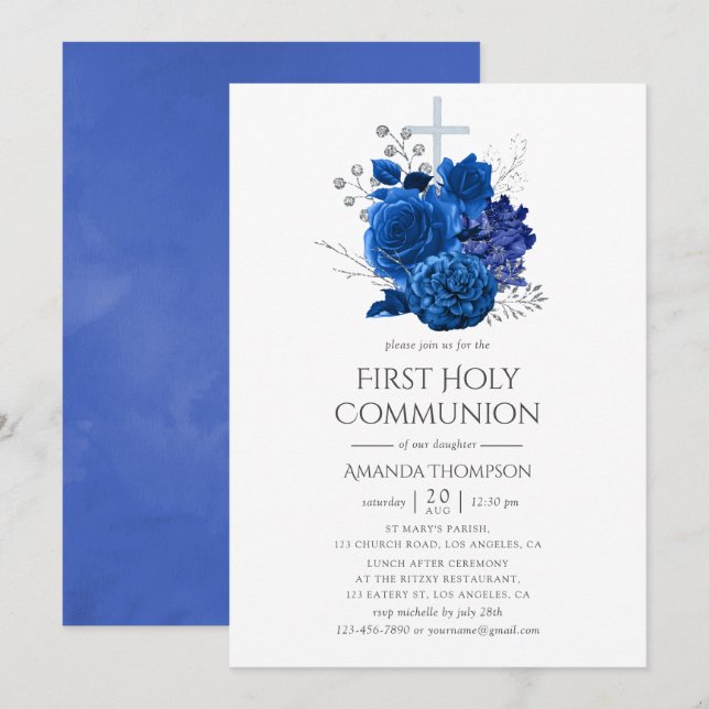 Invitation Royal Blue et Silver Floral Première communion sai (Devant / Derrière)