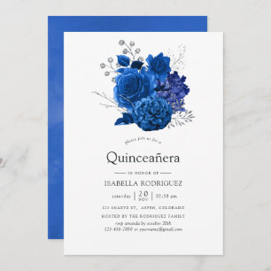 Invitation Royal Blue et Silver Floral Quinceañera