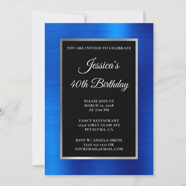 Invitation Royal Blue et Silver Foil Black 40e anniversaire (Devant)
