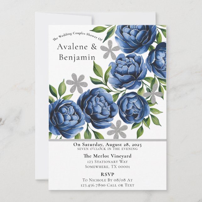 Invitation Royal Blue et Silver Peony Mariage Couples Douche (Devant)