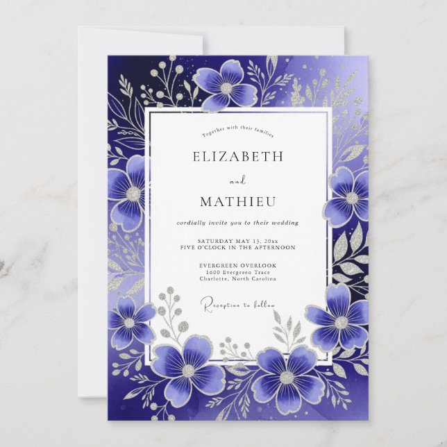 Invitation Royal Blue Ethereal Floral Wedding (Devant)