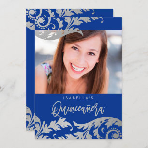 Invitation Royal Blue Faux Silver Swils Photo Quinceanera