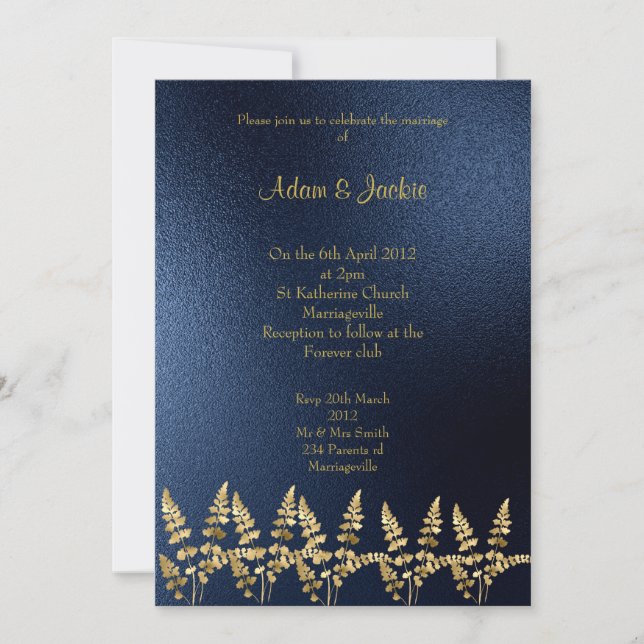 Invitation ROYAL BLUE feuille d'or ELEGANT CLASSING MARIAGE (Devant)